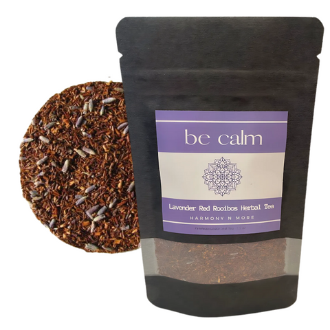 Be Calm Lavender Rooibos Herbal Tea loose leaves in a jar.