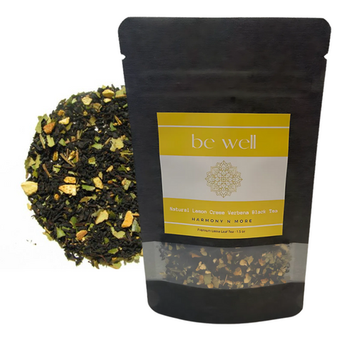 Be Well Lemon Creme Verbena Black Tea leaves in a jar.