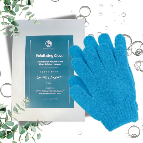 Pair of blue exfoliating gloves made from textured nylon.