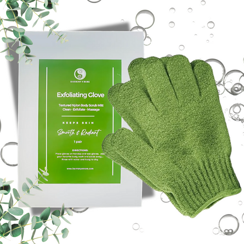 Pair of green exfoliating gloves made from textured nylon.