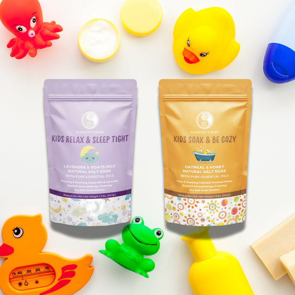 Colorful kids bath soak bundle displayed with vibrant packaging.