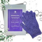 Pair of lavender exfoliating gloves made from textured nylon.