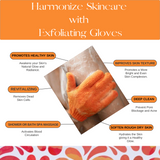 Body care essentials including orange exfoliating gloves